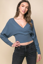 Blue Surplice Neckline Ribbed Sweater