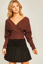 Brown Surplice Neckline Ribbed Sweater