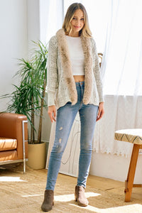 Taupe Sweater Cardigan with Faux Fur Trimmed Neck