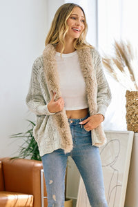Taupe Sweater Cardigan with Faux Fur Trimmed Neck