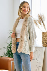 Taupe Sweater Cardigan with Faux Fur Trimmed Neck
