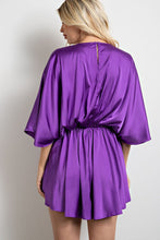 Purple Gathered V Neck Kimono Sleeves Mini Dress