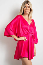 Fuschia Gathered V Neck Kimono Sleeves Mini Dress