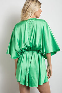 Lime Gathered V Neck Kimono Sleeves Mini Dress