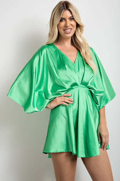 Lime Gathered V Neck Kimono Sleeves Mini Dress