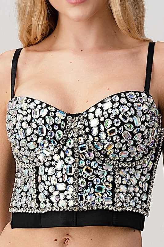 Black/Silver Rainbow Rhinestone Pattern Stone Bustier