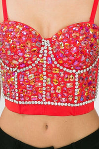 Red Rainbow Rhinestone Pattern Stone Bustier