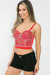 Black/Red Rainbow Rhinestone Pattern Stone Bustier