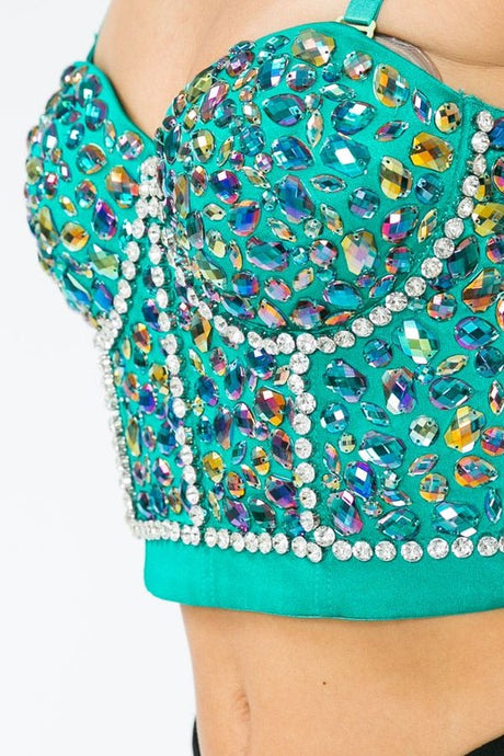 Kelly Green Rainbow Rhinestone Pattern Stone Bustier