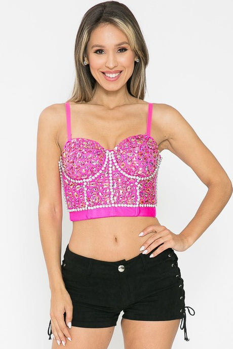 Fuchsia Rainbow Rhinestone Pattern Stone Bustier