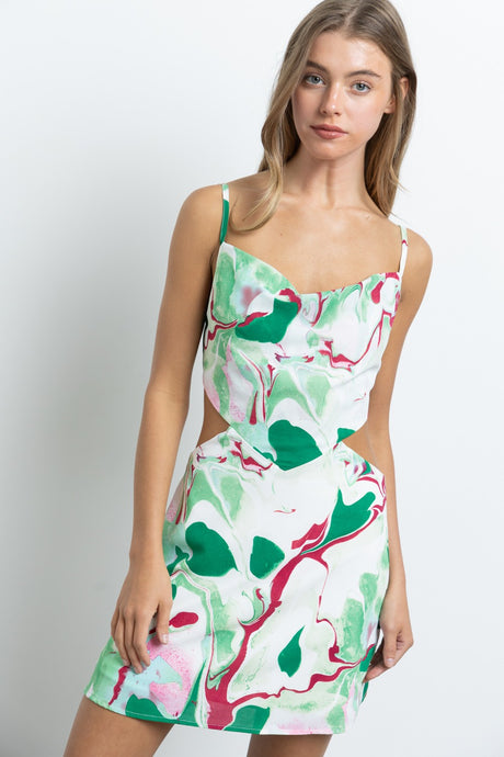 Green Cami Mini Dress W/ Cowl Neck, Lace Up Detail