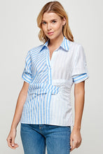 Blue Half Slv Color Block Button Down Stripe Shirt