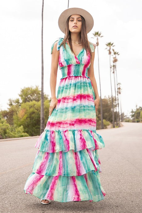 Multi Tier Ruffled Maxi Dress with Tie on Shoulder