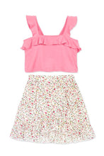 Beige Pink Floral Girl's 2 pc Skirt Set W/ Cross Ruffle Tank  & Floral Skirt