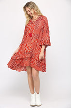 Crimson Rayon Gauze Print Drop Down Dress
