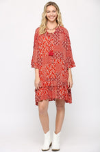 Crimson Rayon Gauze Print Drop Down Dress