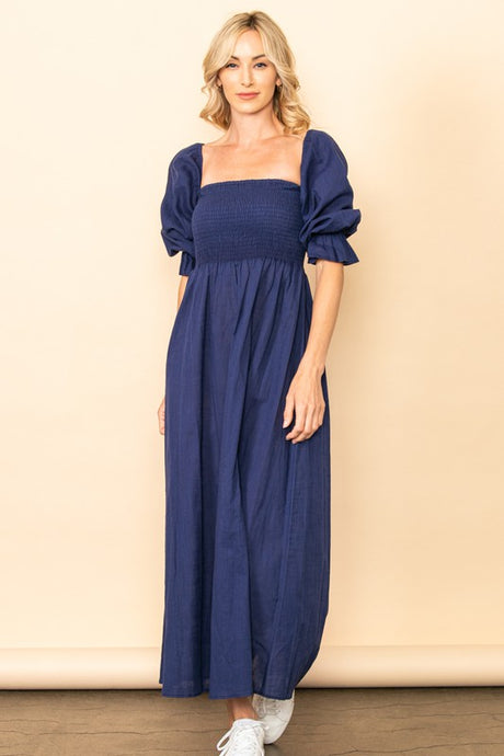 Midnight On And Off Shoulder Smocked Chest Maxi Linen Dress