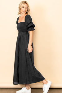 Black On And Off Shoulder Smocked Chest Maxi Linen Dress