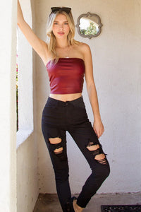 Wine Open Pack Faux Leather Cropped Tube Top