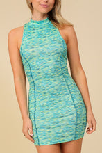 Green/Blue Combo High Neck Ribbed Spacedye Knit Bodycon Dress