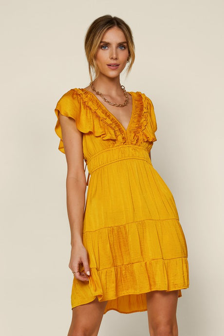 Mustard Short Sleeve Ruffled Trim Back Tie V Neck Dress