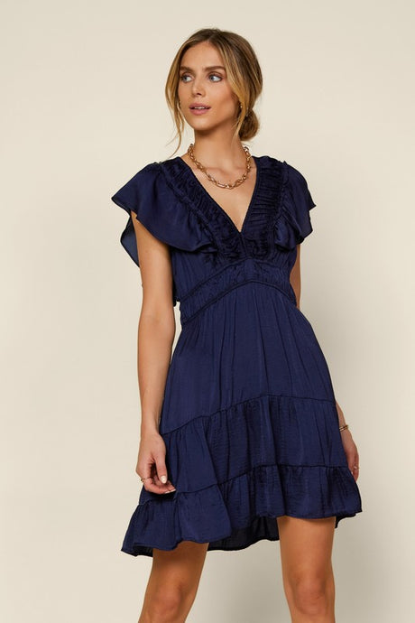 Navy Short Sleeve Ruffled Trim Back Tie V Neck Dress