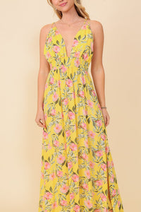 Yellow Sleeveless Floral Print Maxi Dress