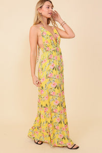 Yellow Sleeveless Floral Print Maxi Dress