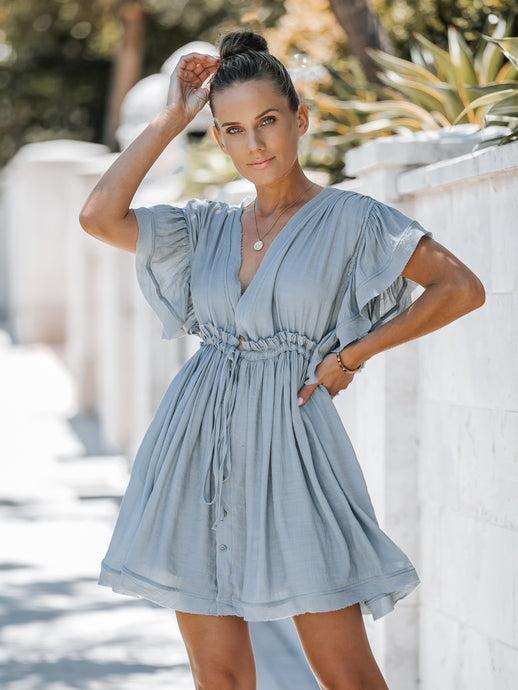 Dusty Sage The Pocketed Button Down Ruffle Dress