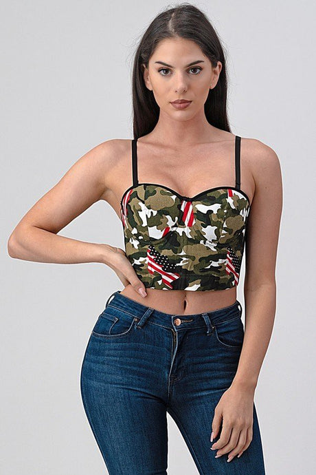 Olive Military Camouflage Flag Printed Crop Bustier Top