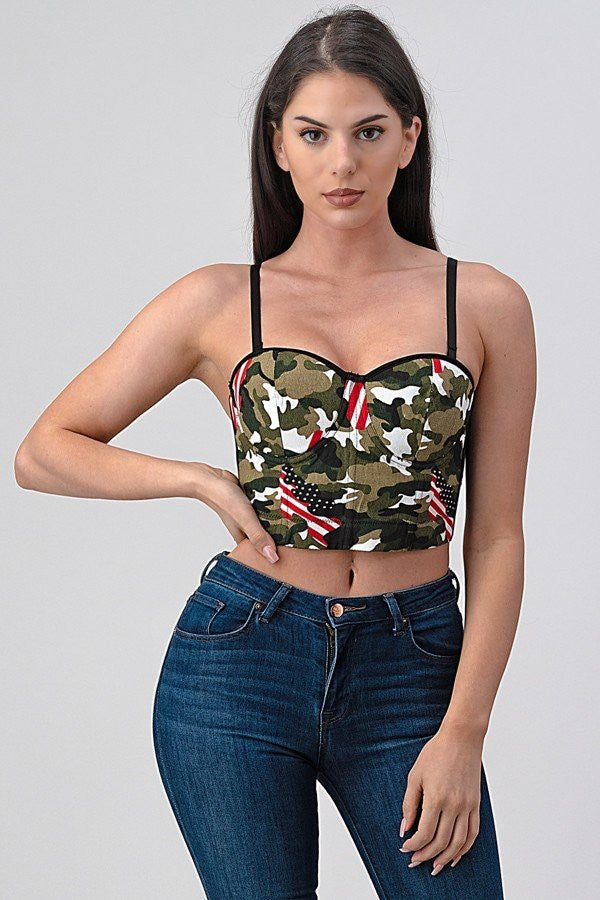 Olive Military Camouflage Flag Printed Crop Bustier Top