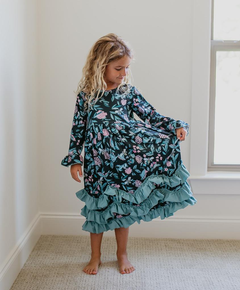 Multi Kids 3 Ruffle Black Floral Long Sleeve Dress