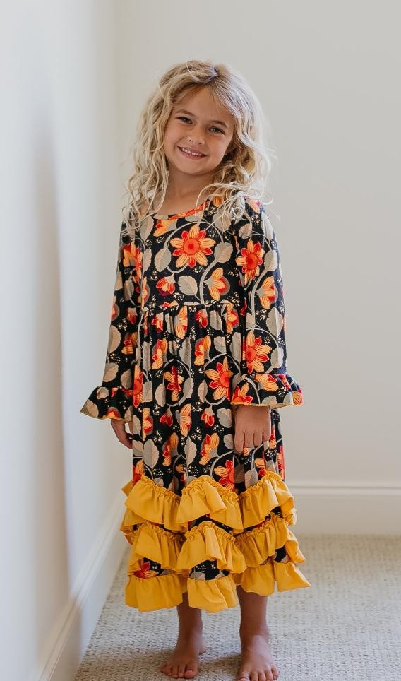 3 Ruffle Mustard Floral Dress