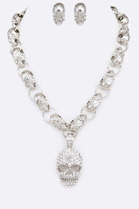 Silver Rhodium Crystal Skull Pendant Statement Necklace Set