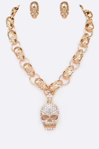 Gold Rhodium Crystal Skull Pendant Statement Necklace Set