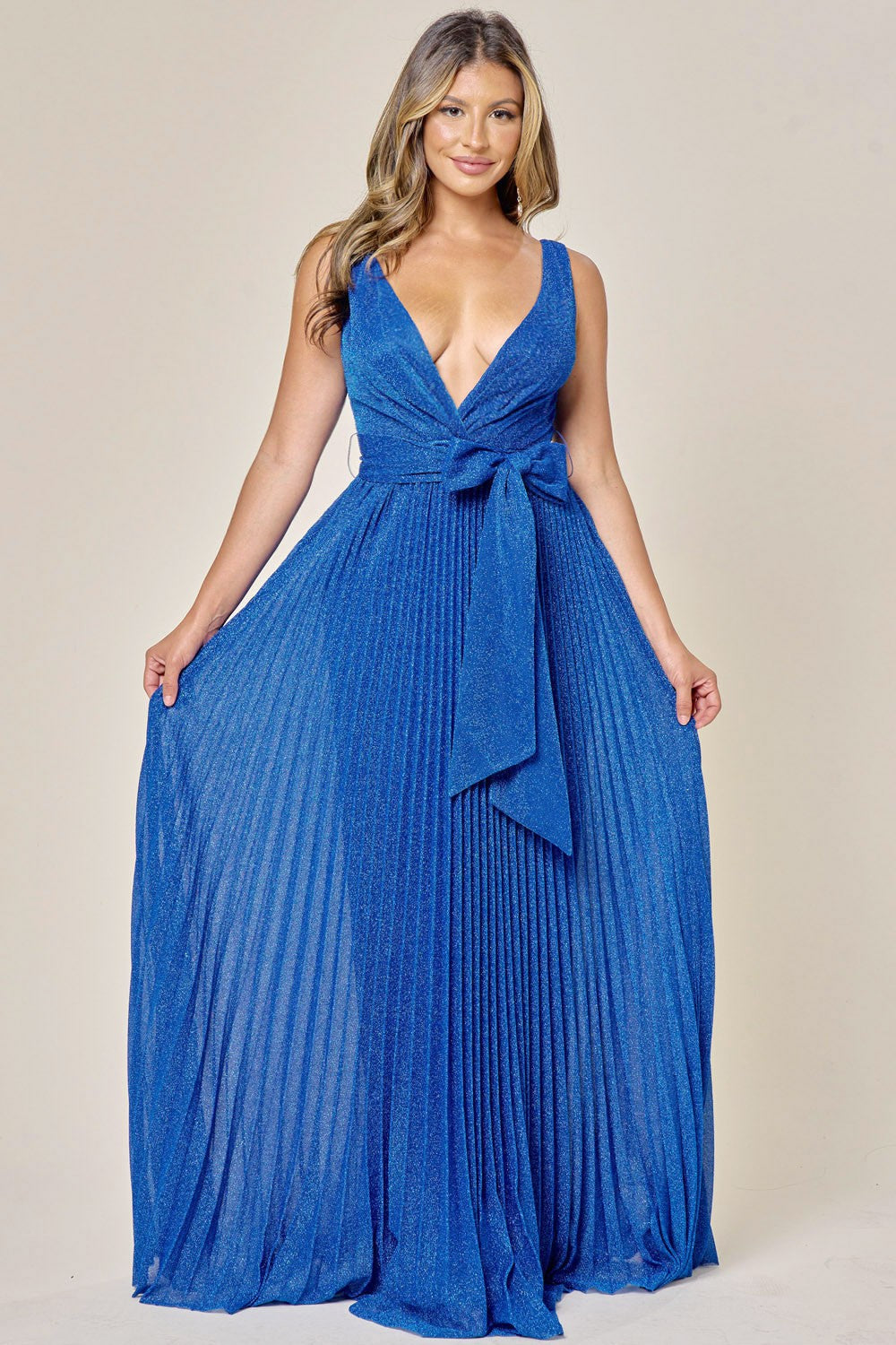 Royal Blue Sparkle V Neck Pleated Maxi Dress