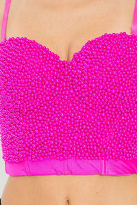 Fuchsia Pearl Beaded Push Up Bustier Bra Crop Top