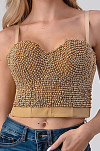 Nude/Gold Pearl Beaded Push Up Bustier Bra Crop Top