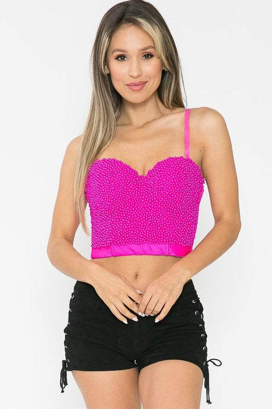 Fuchsia Pearl Beaded Push Up Bustier Bra Crop Top