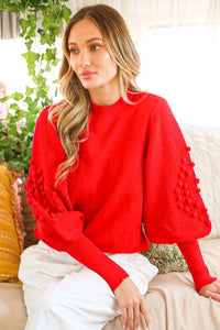 Red Textured Long Puff Sleeve Sweater Top