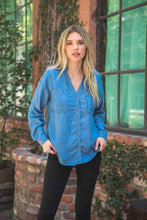 Medium Denim Chambray Button Down Split Neck Denim Shirt