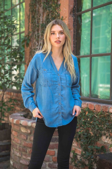Medium Denim Chambray Button Down Split Neck Denim Shirt