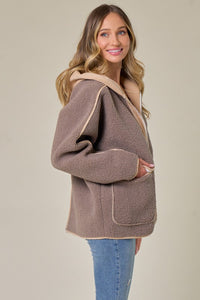 Mocha/Taupe Faux Suede Fabrication And Hooded Solid Jacket