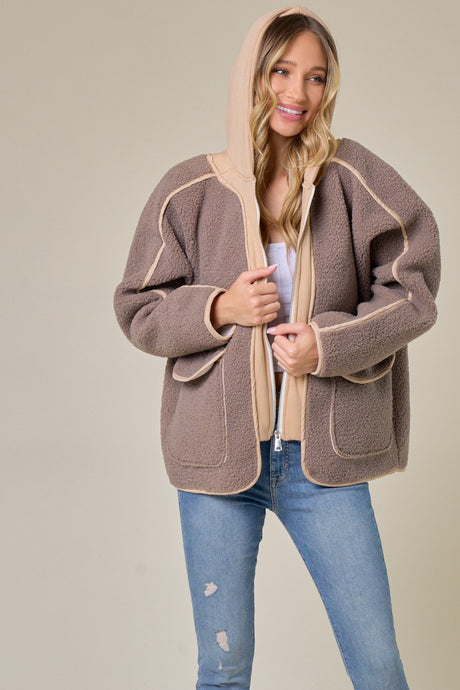 Mocha/Taupe Faux Suede Fabrication And Hooded Solid Jacket