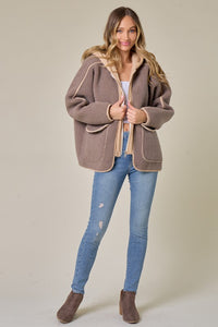 Mocha/Taupe Faux Suede Fabrication And Hooded Solid Jacket