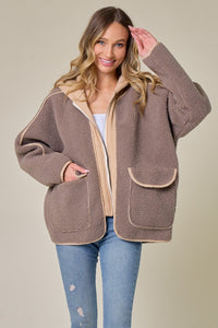 Mocha/Taupe Faux Suede Fabrication And Hooded Solid Jacket