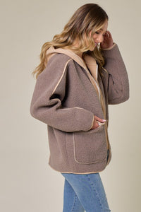 Mocha/Taupe Faux Suede Fabrication And Hooded Solid Jacket