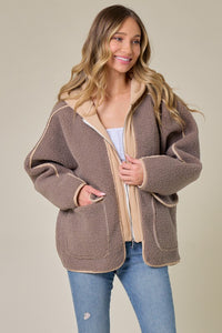 Mocha/Taupe Faux Suede Fabrication And Hooded Solid Jacket