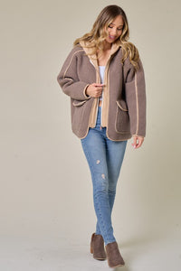 Mocha/Taupe Faux Suede Fabrication And Hooded Solid Jacket