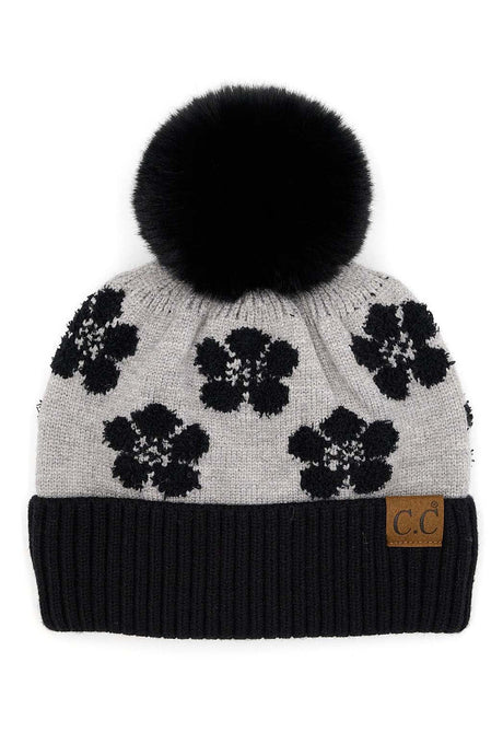 Black CC Chenille Daisy Pattern Beanie